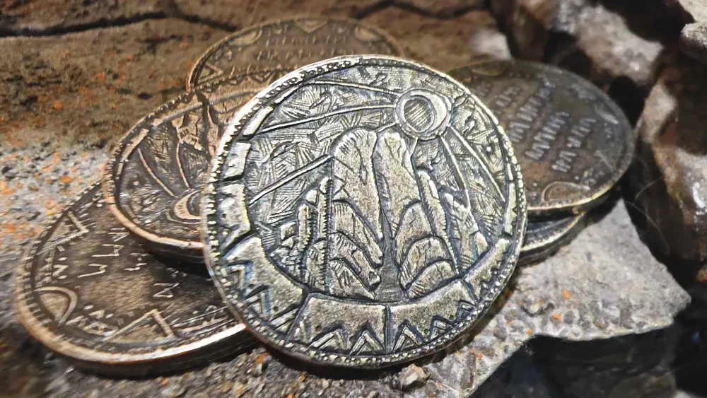 Image of a stack of coins showing a tower with light rays coming down from above. They are a teaser for The Witcher 4.