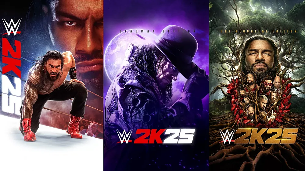 Three different pieces of cover art for WWE 2K25 showing different groups of wrestlers and different editions of the game. Each of the three sections includes the WWE 2K25 title.
