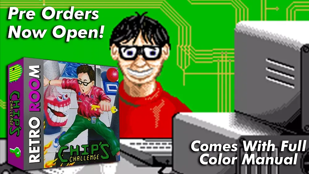 Promo art for Chip's Challenge on the Game Boy Advance showing the box art and a nerdy guy, probably named Chip.