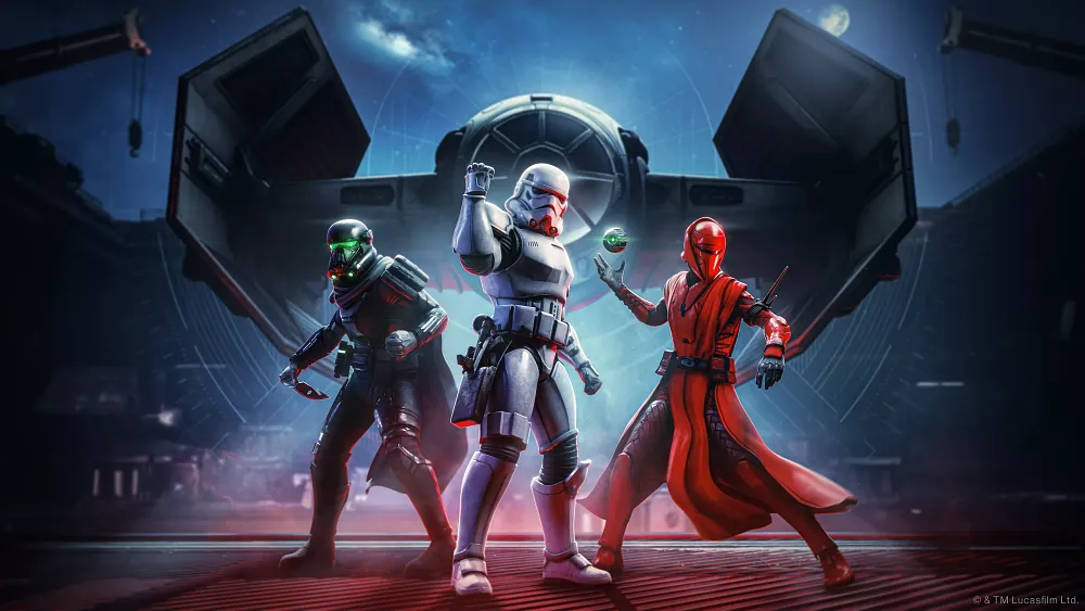 An image showing the three Destiny 2 classes adorned with cosmetic gear inspired by Star Wars. Each class is a different design inspired by Star Wars trooper types.
