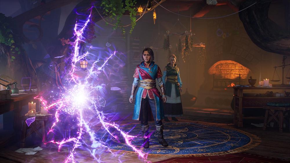 Two women in fantasy-style, wizard-like robes looking confused at some sort of a purple, electric rip in space time.