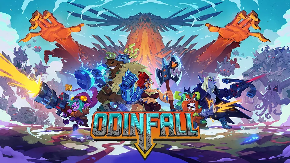 Key art for Odinfall showing various cartoon-style depictions of several robotic Norse gods and the title of the game in a stylized font at the bottom.