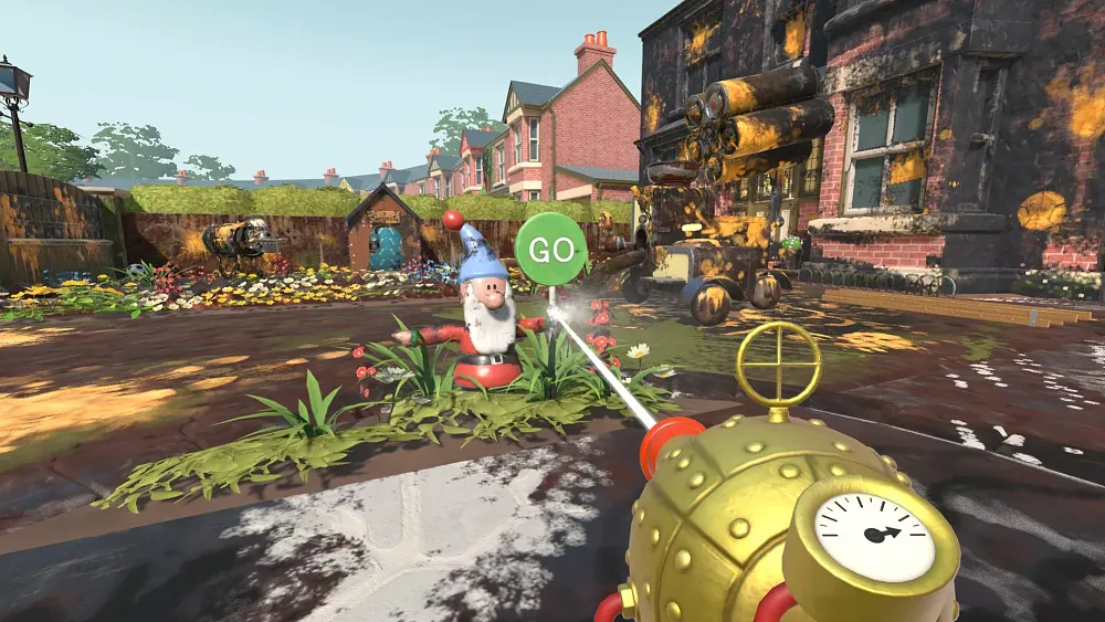 Screenshot showing a very dirty front yard and a powerwashing tool being used to clean it all, from the new Wallace & Gromit pack for PowerWash Simulator.