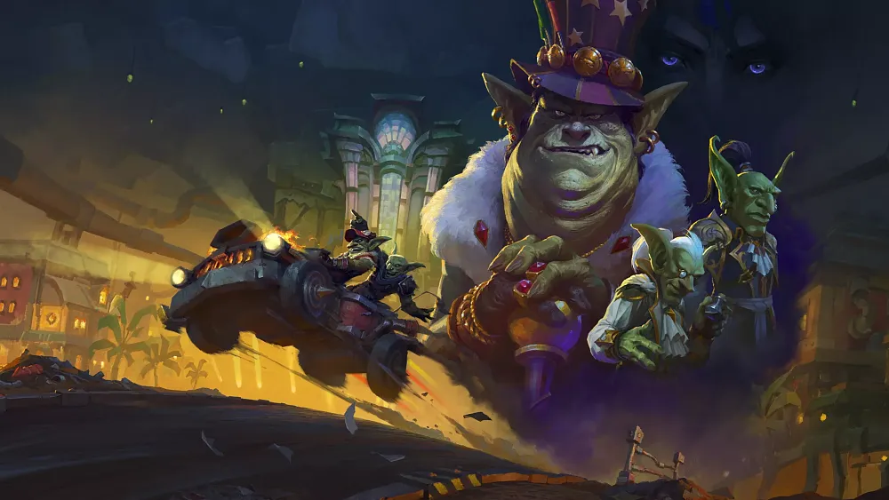 Key artwork for Season 2 of World of Warcraft: The War Within with the central focus being a rather chonky goblin known as Gallywix and several other goblins in various poses. Some goblins a re speeding along in a car apparently on some sort of a race track.