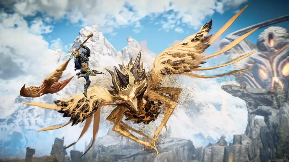 A man with a large club like weapon leaping at with an attack on a large flying golden bird-like creature.