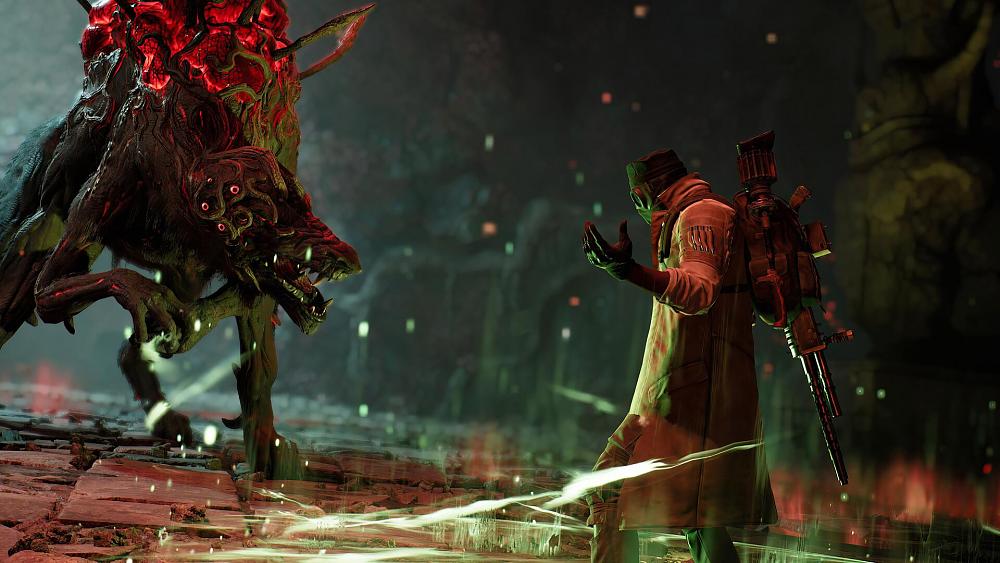 A character preparing to face off against a giant dog-like creature.