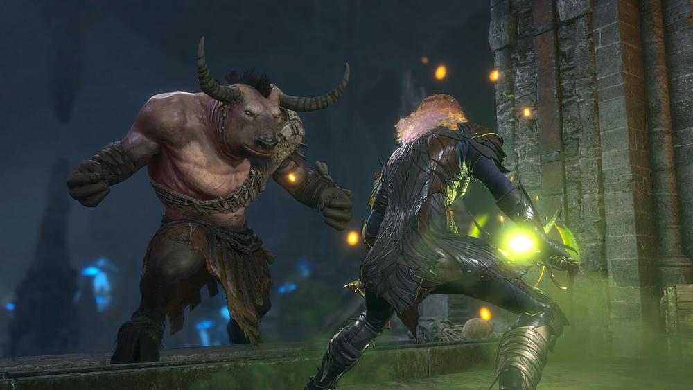 A person casting a spell against an angry minotaur.