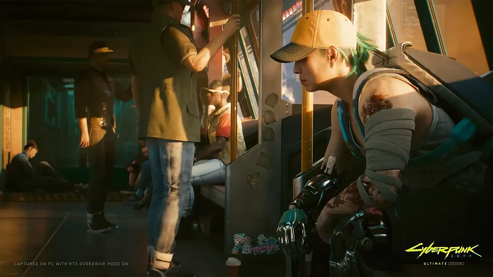 Image of people on a metro in Cyberpunk 2077.