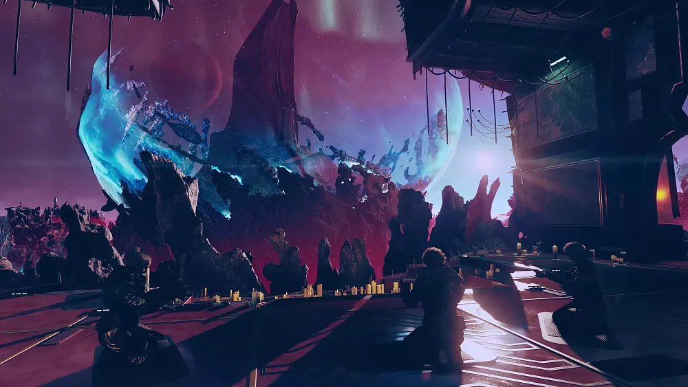 An image showing several people seemingly praying in the direction of a purple and blue space anomaly on their home planet.