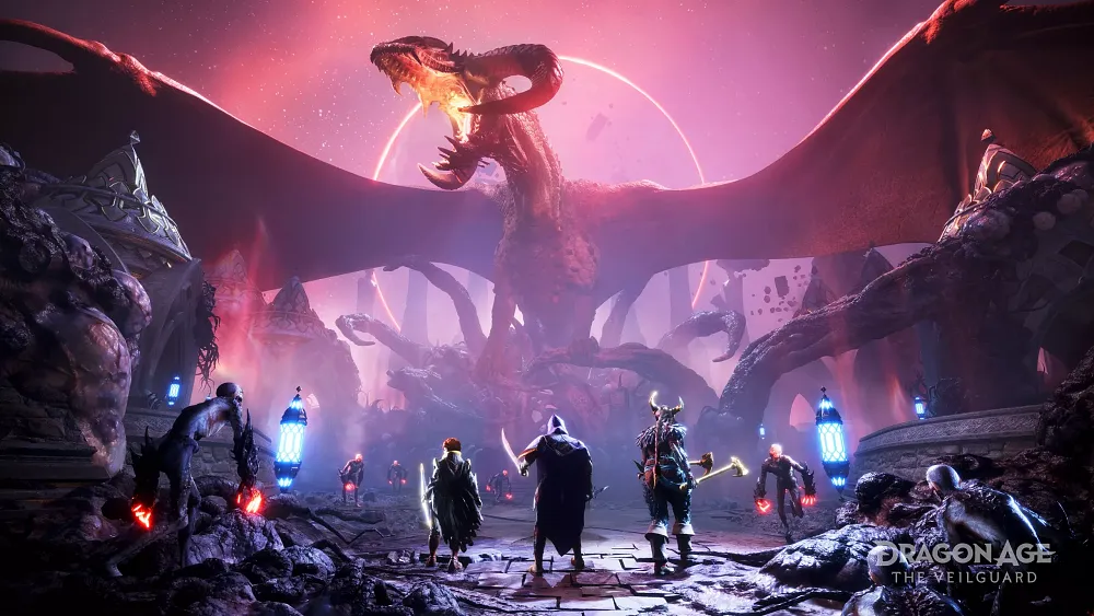 A group of four heroes about to face off against a huge dragon.