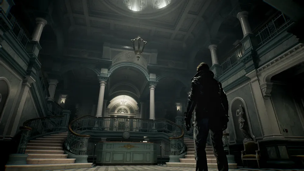 Leon Kennedy standing in an entryway to some sort of residence.