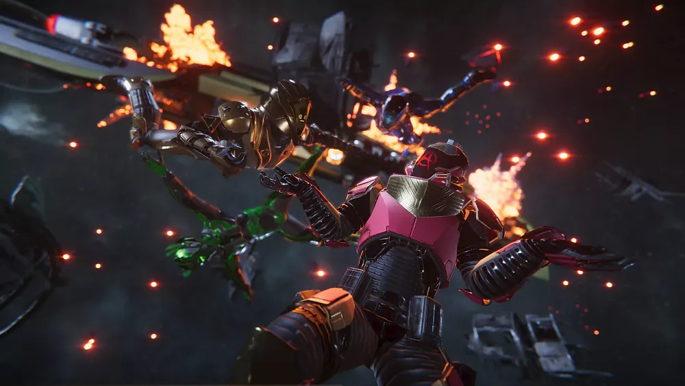 Spacemen in space as one shrugs as their ship blows up behind them.