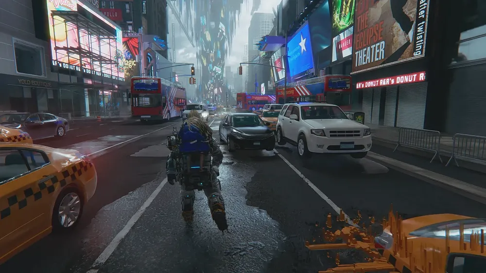 The two characters, a man and a young child, running through a lunar base city that was made to resemble New York City's Times Square.