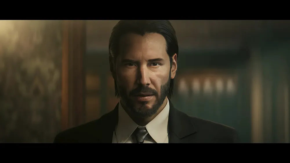 A virtual John Wick, portrayed by Keanu Reeves, as seen in the trailer for the upcoming John Wick game.