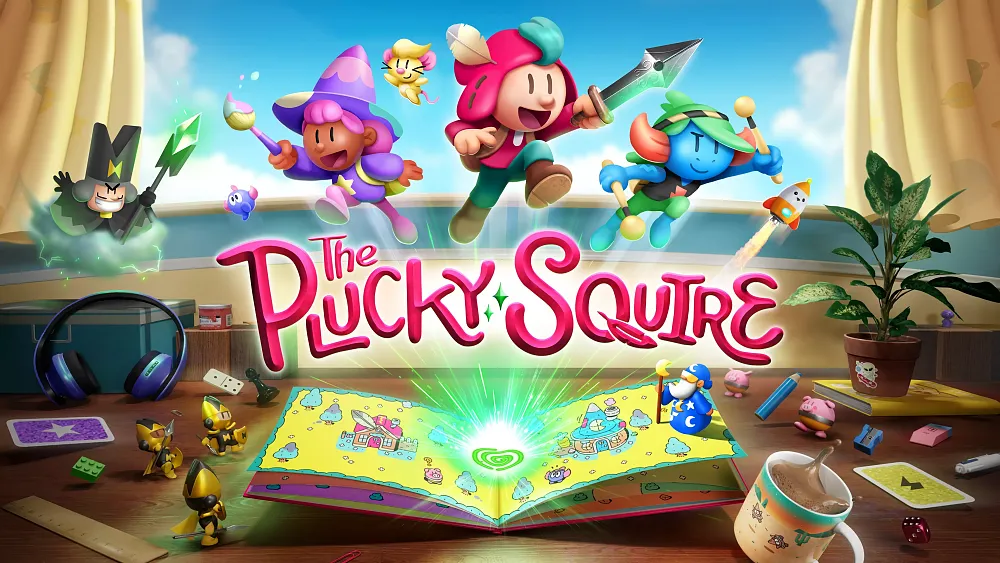 Key art for a game showing a colorful, magical world, the title "The Plucky Squire," and several colorful fantasy characters.
