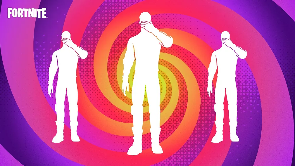 The image shows three silhouettes of people holding their hand to where their mouth would be. Epic says this is a "hiccup" emote but it also looks like a "speak no evil" emote in the still image.