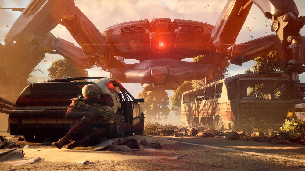 A person with a gun taking cover behind a broken vehicle as a giant spider-like machine is on the hunt.