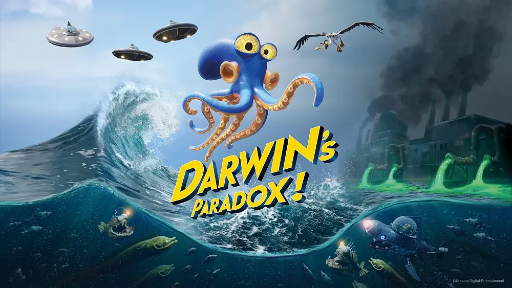 Key art for Darwin's Paradox!, featuring a tactical squid in an action-platforming game.