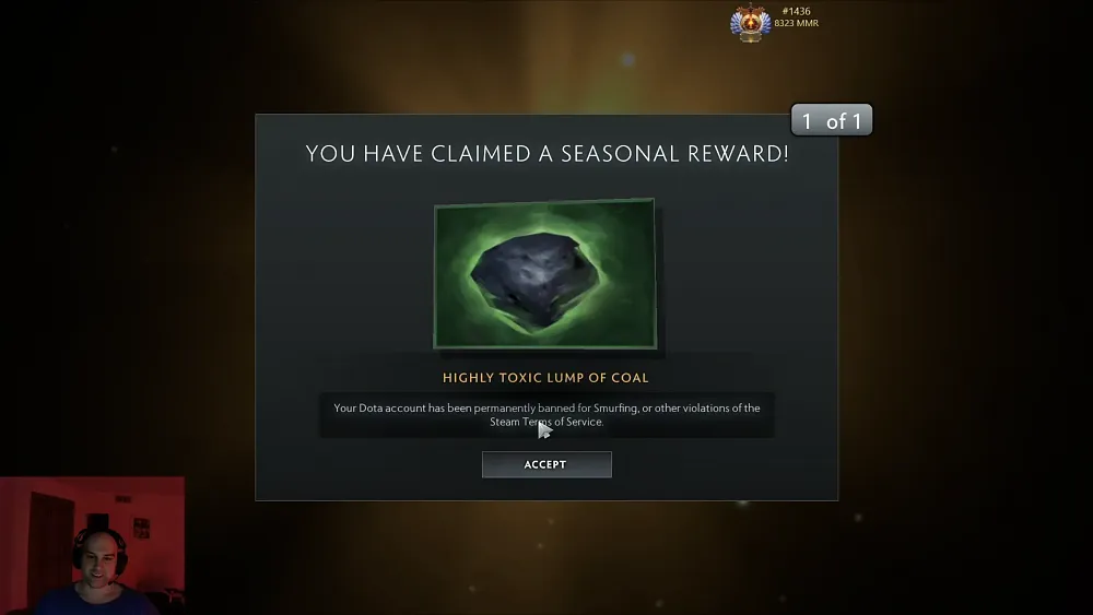Screen capture from Dota 2 player and Twitch streamer Mason, receiving a highly toxic lump of coal from Valve indicating he has been VAC banned for violation of the Steam Terms of Service.