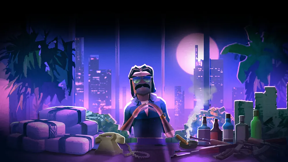A crime boss sitting at a desk which is covered in drugs, guns, alcohol, and money.