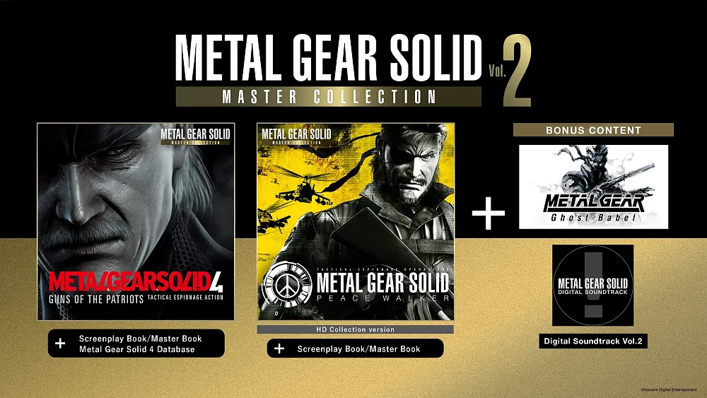 Art showing the games including in the Metal Gear Solid: Master Collection Vol. 2. The included games are Metal Gear Solid 4: Guns of the Patriots, Metal Gear Solid: Peace Walker, and Metal Gear: Ghost Babel.