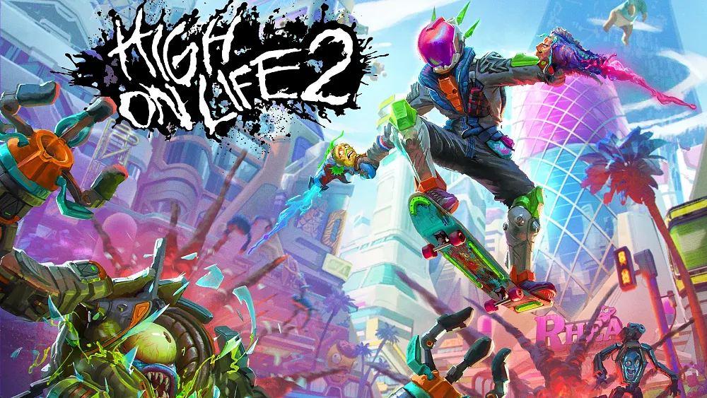 Key art for High on Life 2 showing your character dual-wielding alien guns firing at bad aliens while doing cool tricks with a skateboard.