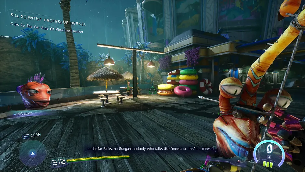 An image from High on Life 2 referencing Jar Jar Binks from Star Wars as a weapon that looks like Jar Jar Binks looks sad.