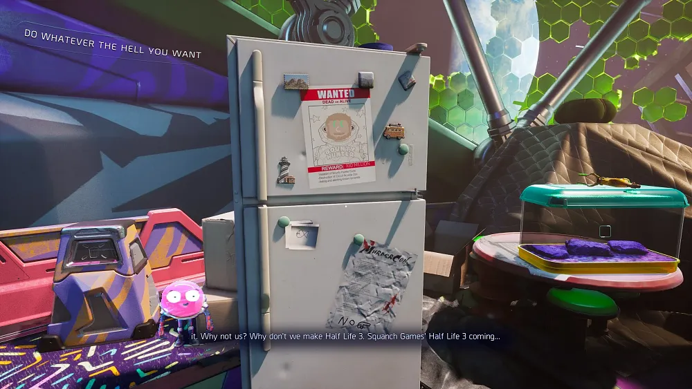 Screenshot looking at a fridge with several drawings pinned to it as a character talks about Squanch Games making Half-Life 3.