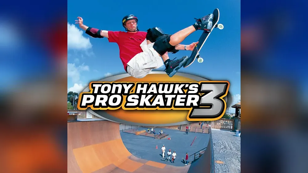 The cover art for Tony Hawk's Pro Skater 3 showing Tony Hawk pulling off a skateboarding trick on a half-pipe as a small group watches from the ground level in the background.
