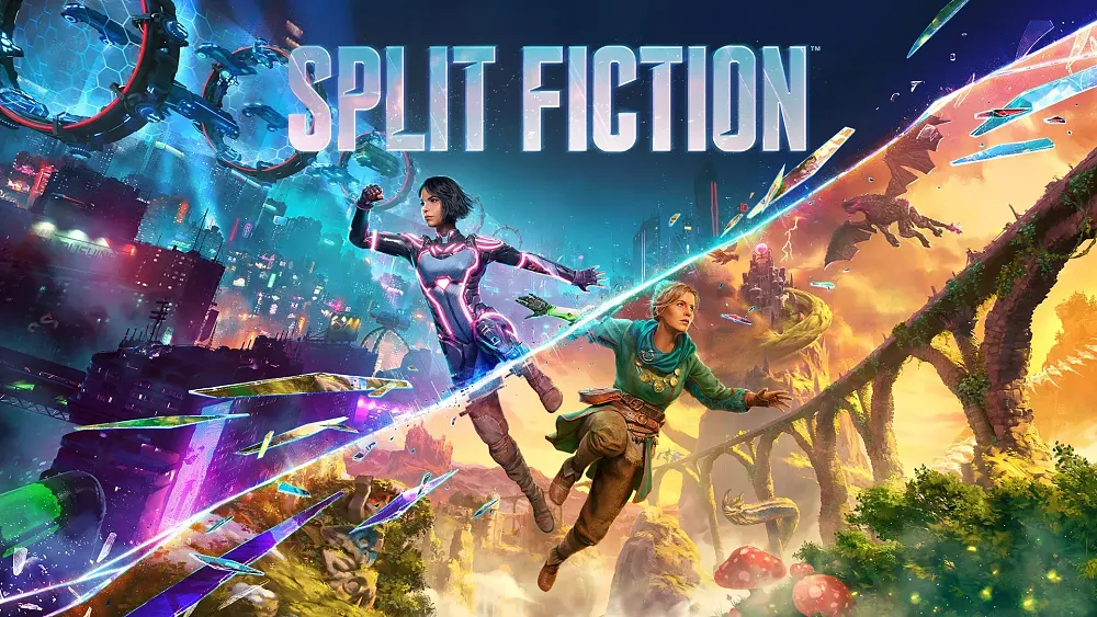 Text: Split Fiction. Image shows two characters and a split game world. One side is sci-fi themed and the other is fantasy themed.