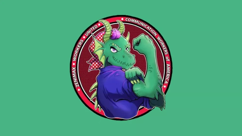 Logo for ZeniMax Workers United-CWA depicting an anthropomorphic green dragon with a tuft of pink hair wearing a purple shirt and red and white spotted bandana on their head flexing their arm. Behind them is a stylized red circle. The outer rim of the circle includes the name of the union wrapped around clockwise.