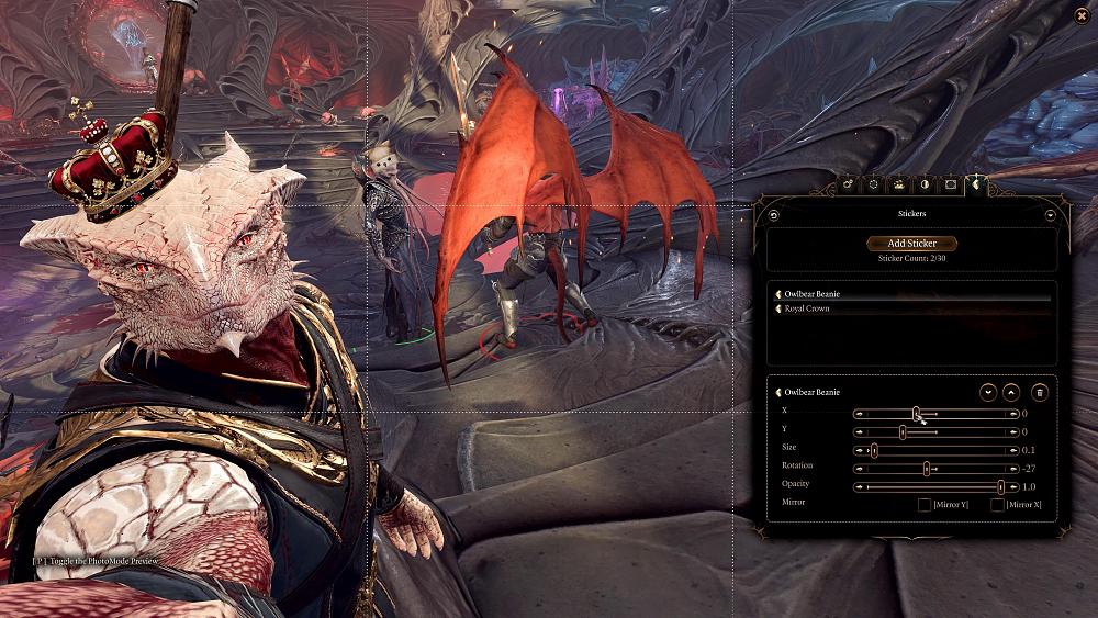 A screenshot showing off the upcoming photo mode for Baldur's Gate 3 including posing characters, camera overlays, and various photo options.