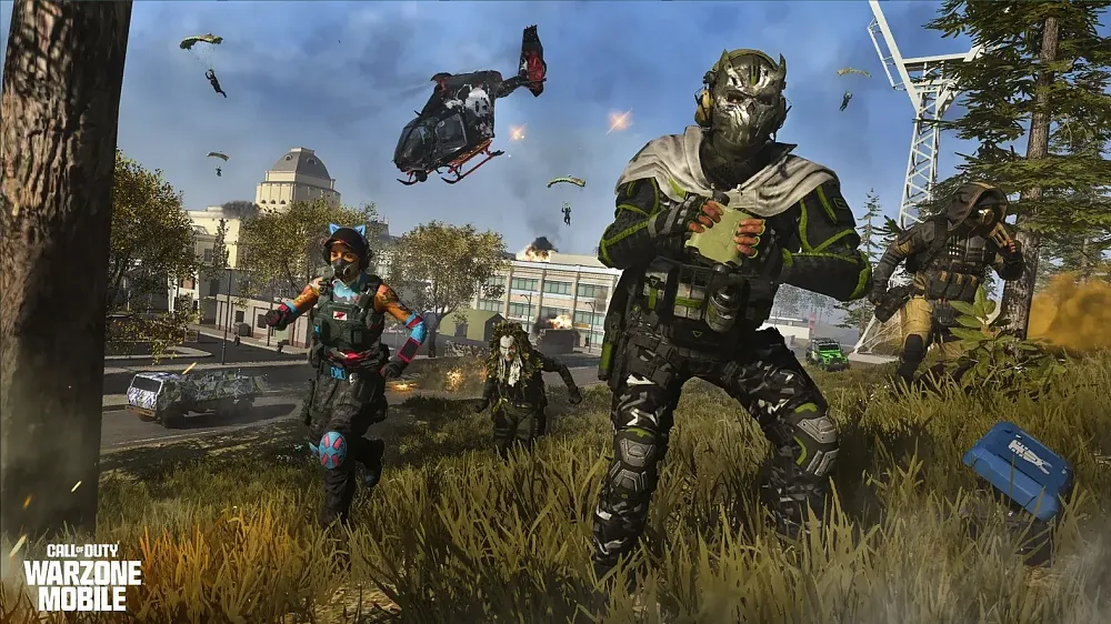 Screenshot from Call of Duty: Warzone Mobile showing characters with various cosmetics running around the game world.
