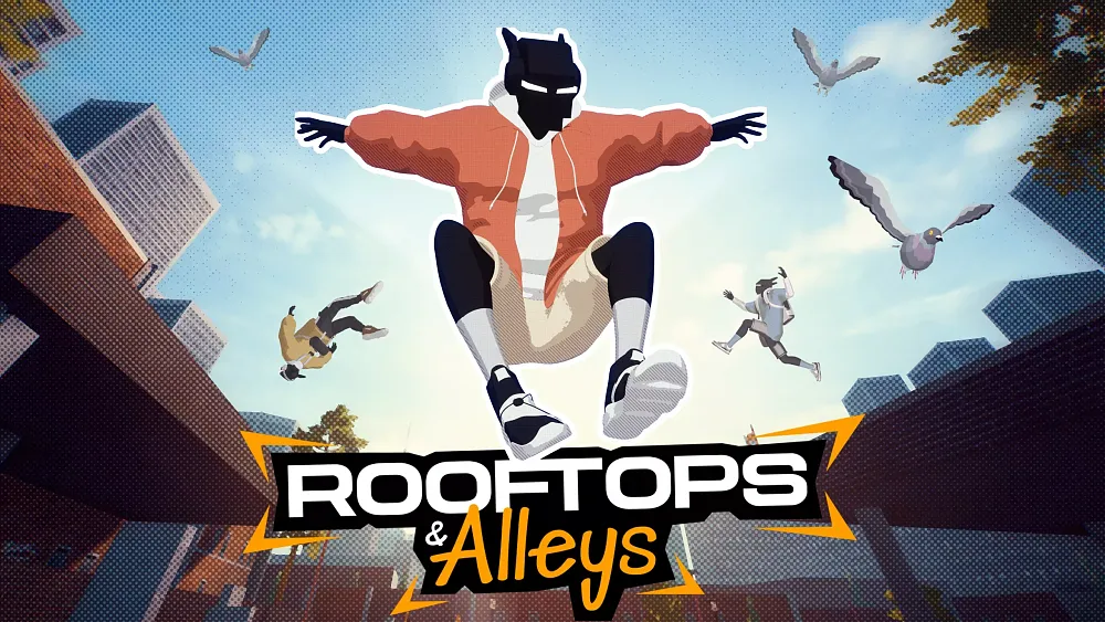 A character mid-jump while doing parkour moves.