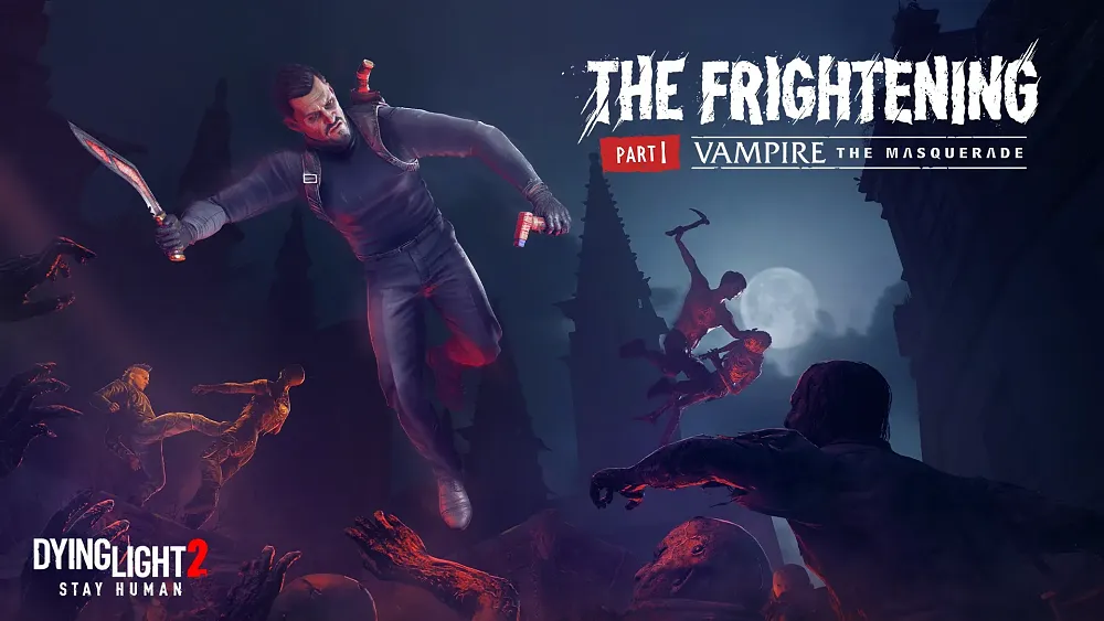 Action shot of someone wearing Vampire: The Masquerade inspired gear in Dying Light 2.
