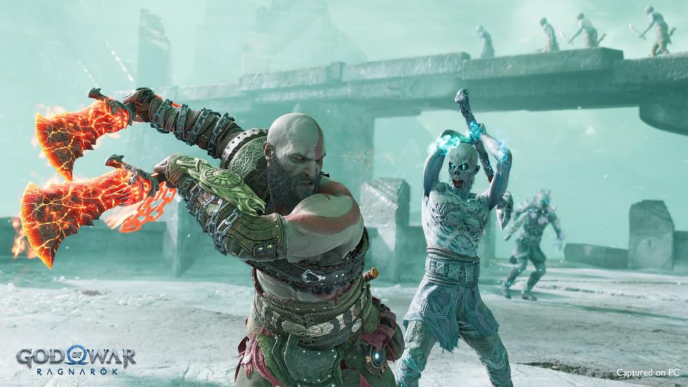 A bald, ashen man with red markings on his skin about to plunge two fiery blades into an ice monster-human in an icy world.