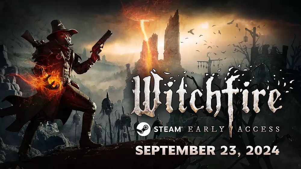 Title of "Witchfire. Steam Early Access. September 23, 2024" And shows a picture of a well armed witch hunter.