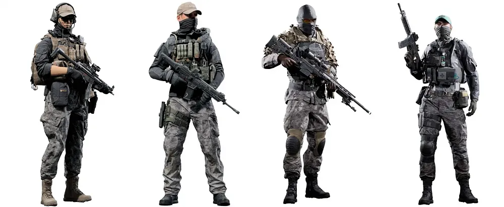 5.11 skins for Battlefield 6 operators. From left to right is the Engineer, Assault, Recon, and Support classes.