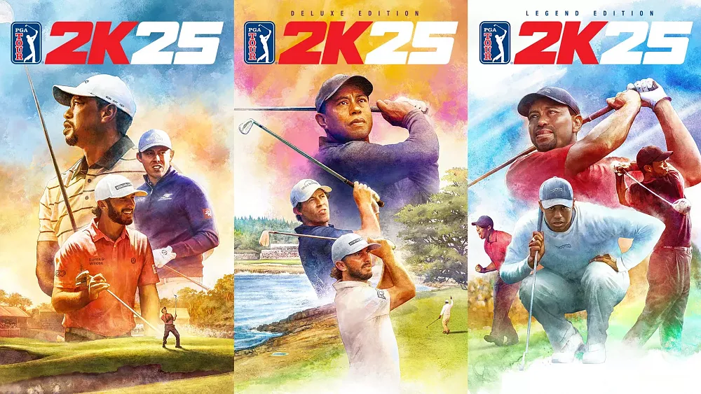 Image shows three different covers for three different editions of PGA Tour 2K25. Each has different professional golfers depicted and the title of PGA Tour 2K25.