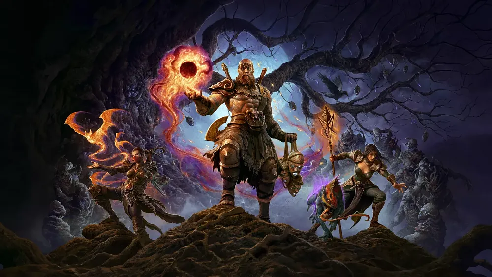 Art showing three fantasy characters using witchcraft-inspired powers as a horde of rotted enemies surround them from behind.