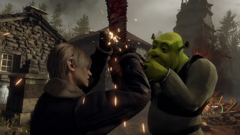 Leon Kennedy facing off against Shrek in a modded version of Resident Evil 4.