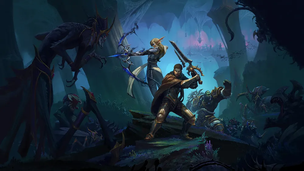 Key art showing heroes in World of Warcraft holding weapons ready to defend themselves from approaching enemies.