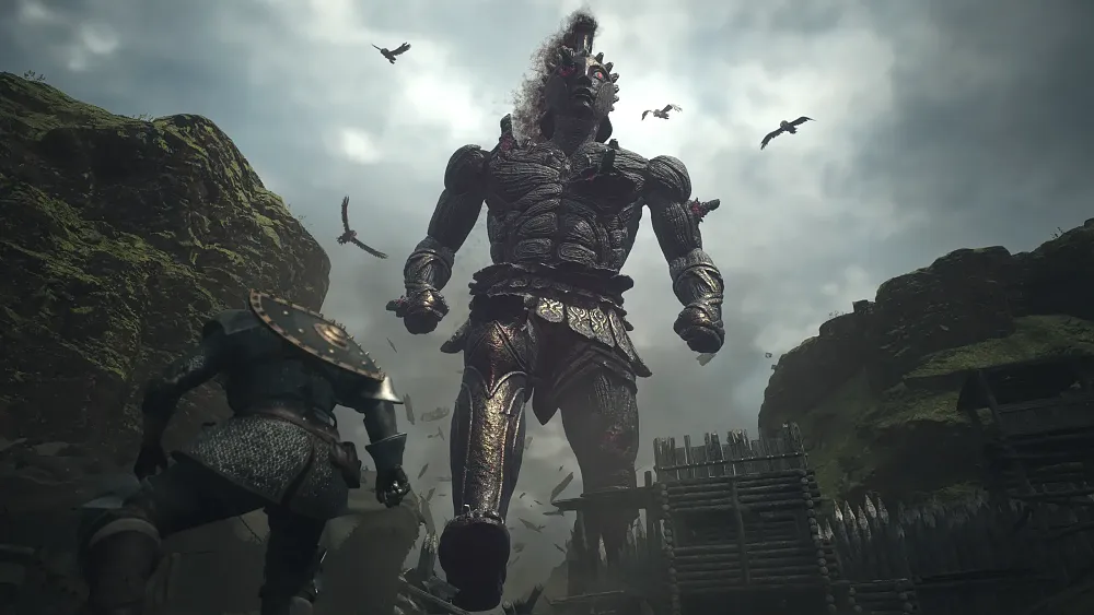 A player facing off against a towering, very tall stone giant human.