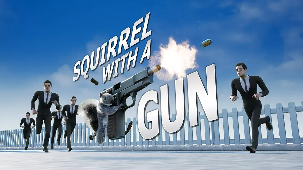 A squirrel with a gun jumping as men in black suits and sunglasses chase after it.