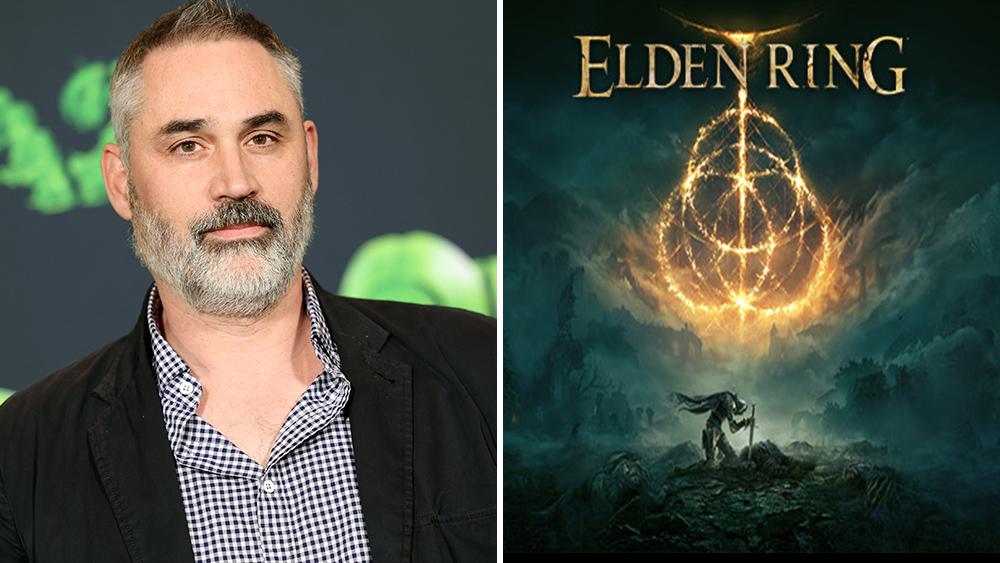 Photo of Alex Garland on the left half and the Elden Ring game box art on the right half.