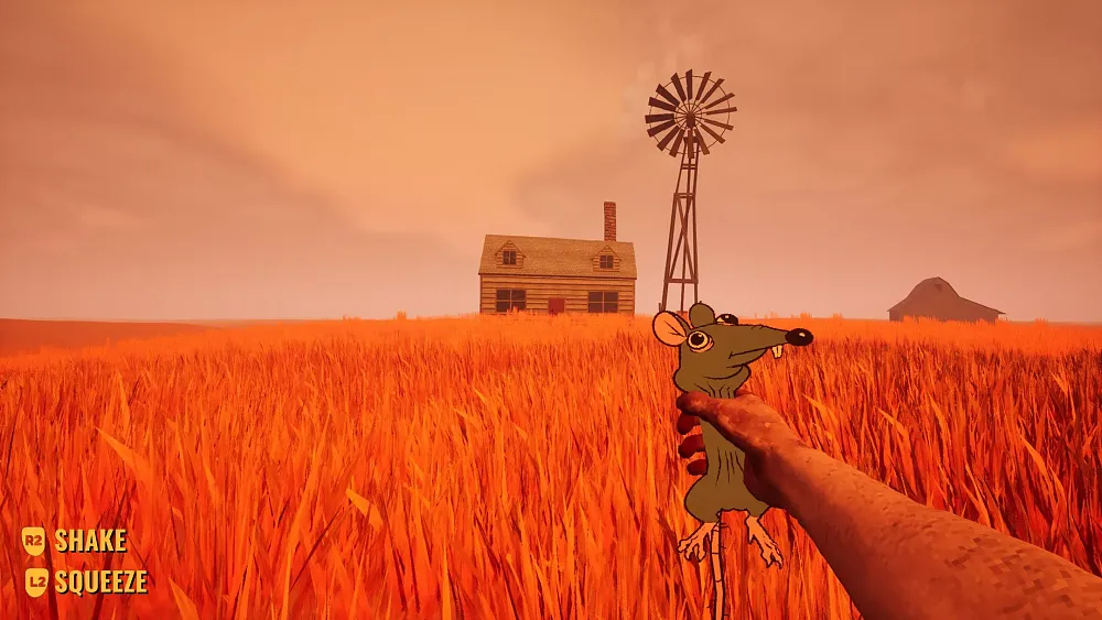 A rat being held in a hand at arm's length as a person approaches a house in the middle of a wheat field.