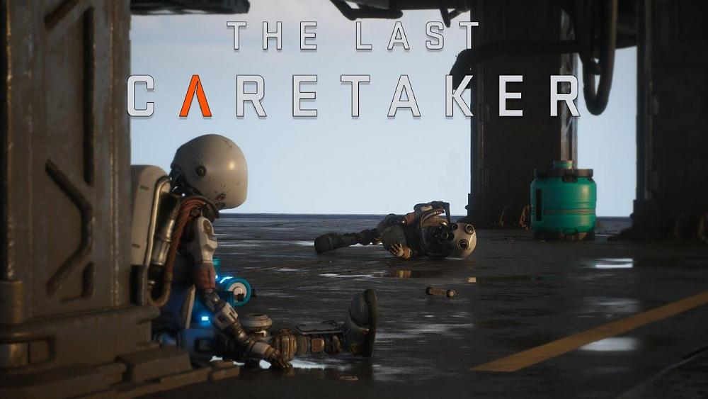 A robot slumped against a metal beam with another destroyed robot laying in the background. The text at top reads, The Last Caretaker.