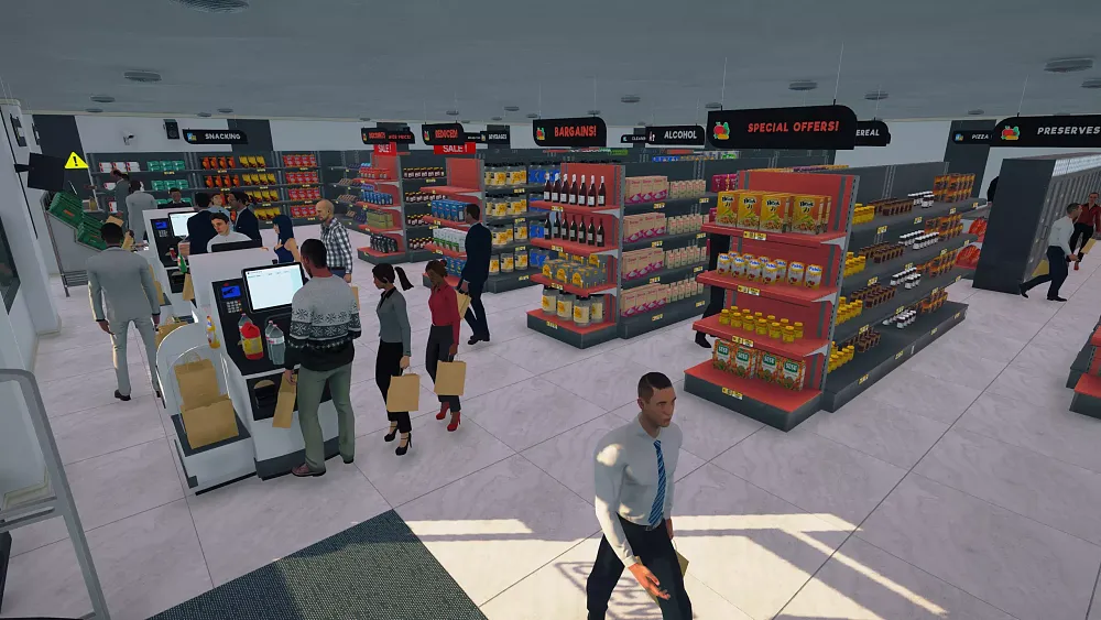 A virtual supermarket showing aisles of groceries and customers shopping.