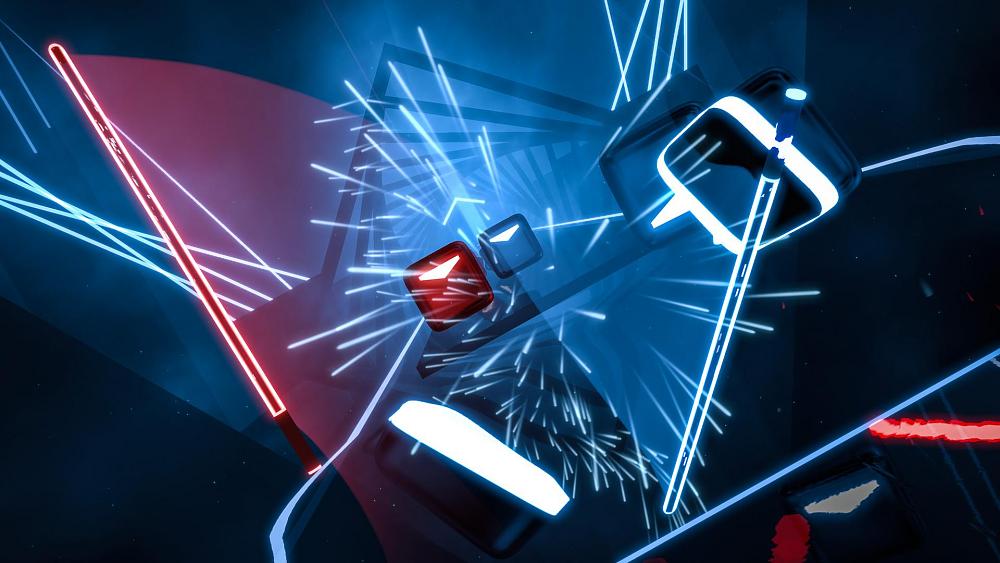 A screenshot from the VR rhythm game, Beat Saber.