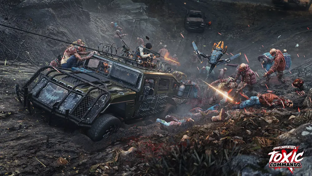 A heavily armored vehicle plowing through a massive horde of creepy creatures as survivors make a getaway.